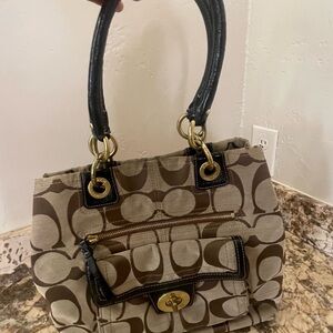Coach Hampton Turnlock Brown Signature Canvas Shoulder Bag
